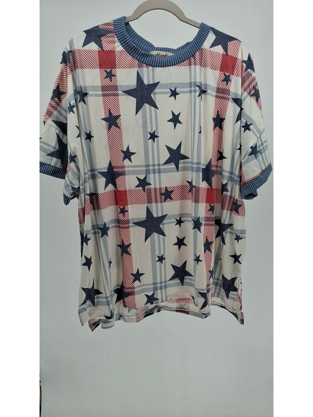 Haptics Star And Plaid Check French Terry Knit Top (Ivory)-2X